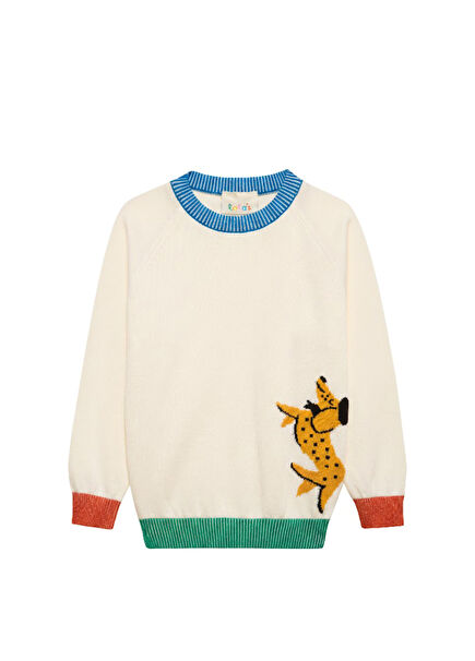 Joy Köpek Desenli Ekru Unisex Kazak 