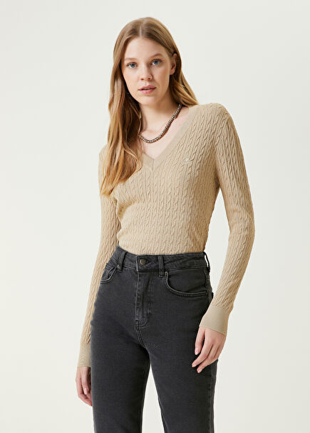Camel V-Neck Cable Knit Sweater