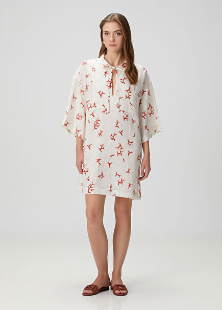 Beyaz Kırmızı Mercan Desenli Keten Kaftan
