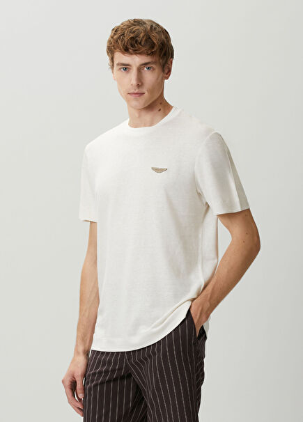 Beyaz Patch Detaylı Keten T-shirt