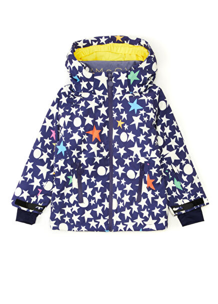 Çok Renkli Mavi Kapüşonlu Kız Çocuk Kayak Montu