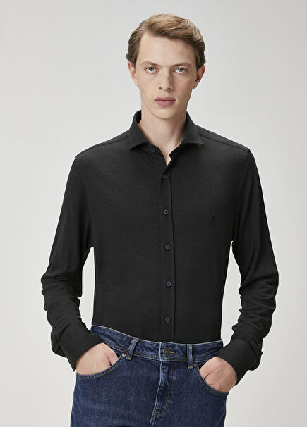 Slim Fit Siyah Flanel Görünümlü Örme Gömlek