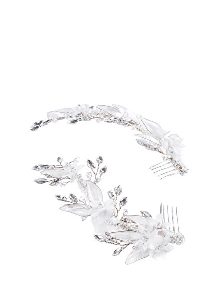 Polina Comb Beyaz İpek Çiçek Kristal 2'li Kadın Duvak Aksesuarı 