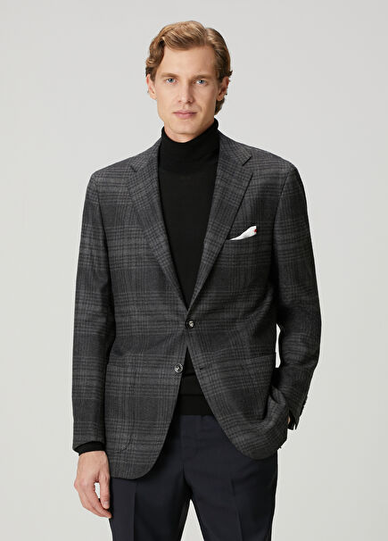 Koyu Gri Ekose Desenli Yün Ceket