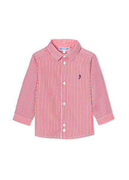 Kırmızı Beyaz Çizgili Poplin Uzun Kollu Erkek Bebek Gömlek