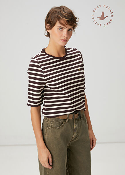 Mürdüm Ekru Çizgili Basic T-shirt