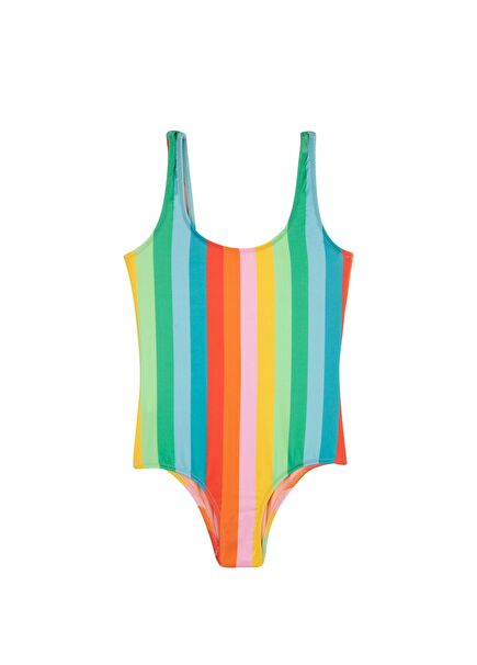 Mia Renkli Yuvarlak Yaka Çizgili Mayo