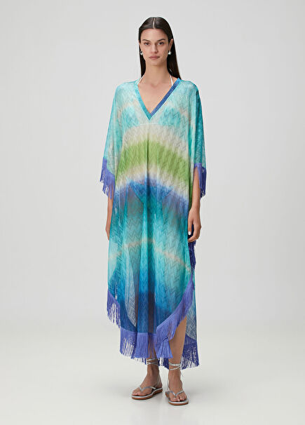 Mavi Zikzak Desenli Kaftan