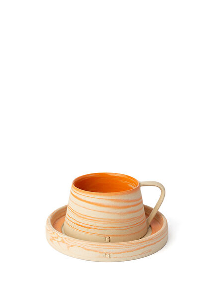 Falme Orange Stoneware Turkish Coffee Cup and Plate