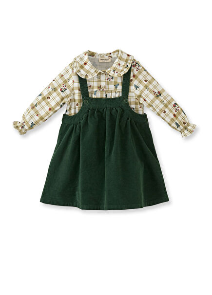 Yeşil Kadife Jile ve Desenli Salopet ve Gömlek Kız Çocuk 2'li Takım