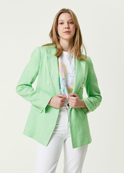 Yeşil Kırlangıç Yaka Kruvaze Keten Blazer