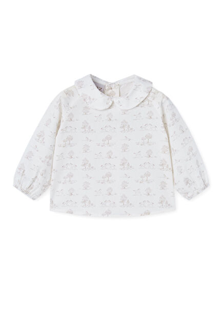 Desenli Ekru Bebe Yaka Uzun Kollu Kız Bebek Bluz
