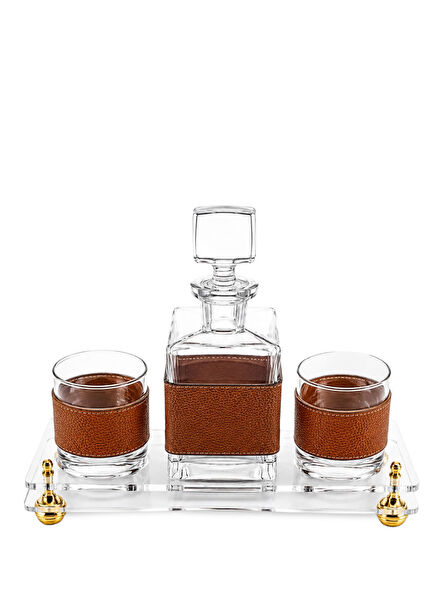 Tan Leather Belted Glass 2-Piece Whiskey Set