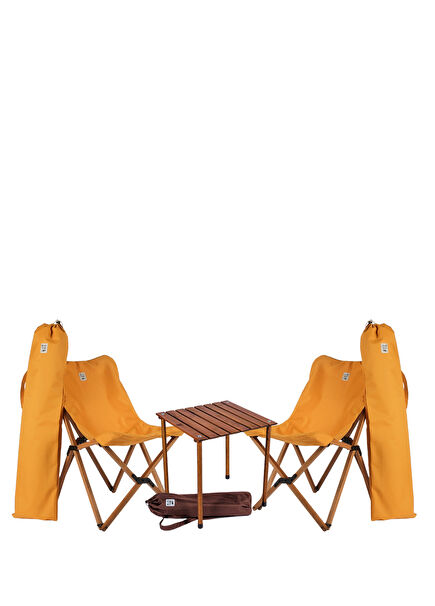 Ahşap Kahverengi Hardal Katlanır Kamp Masa ve Sandalye Seti 50x50x50 cm 