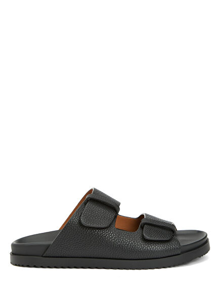 Black Textured Men's Leather Slippers