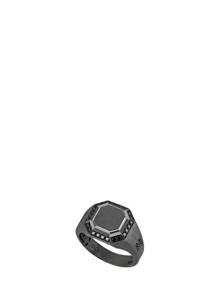 Guard of Men Octagonal Silver Men's Ring with Black Diamonds