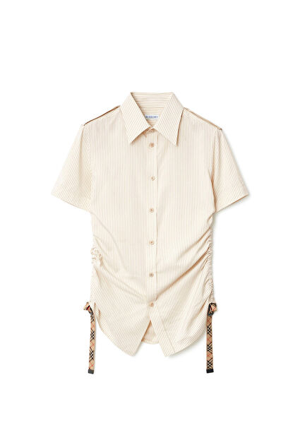 Striped Silk Cream Color Short Sleeve Women's Shirt