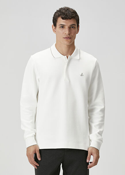 Kırık Beyaz Polo Yaka Sweatshirt