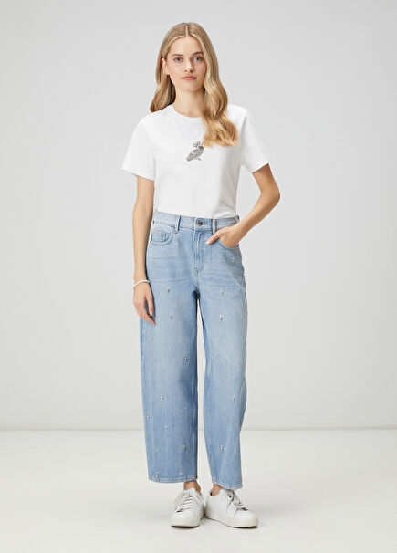 Slouchy Açık Mavi İşlemeli Jean Pantolon