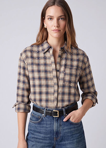Navy Blue Ecru Mini Plaid Shirt