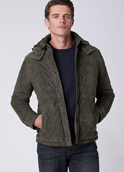 Khaki Hooded Padded Suede Jacket