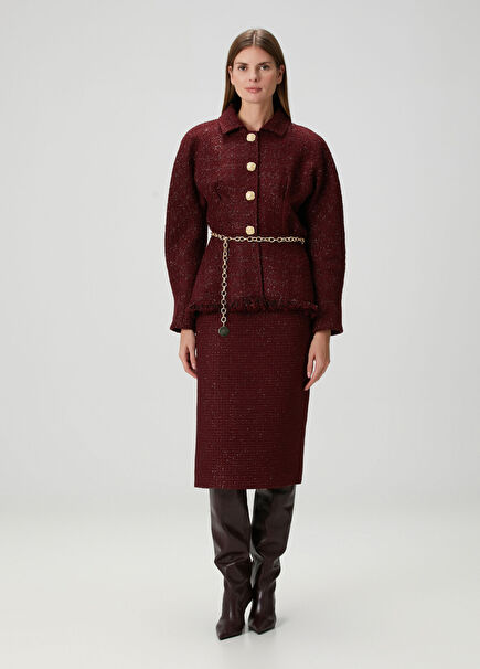 Burgundy Tweed Women's Midi Length Skirt