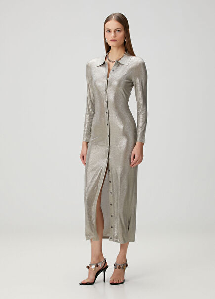 Silver Crystal Embellished Midi Shirt Dress
