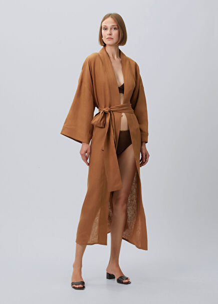 Tütün Nakışlı Keten Kaftan