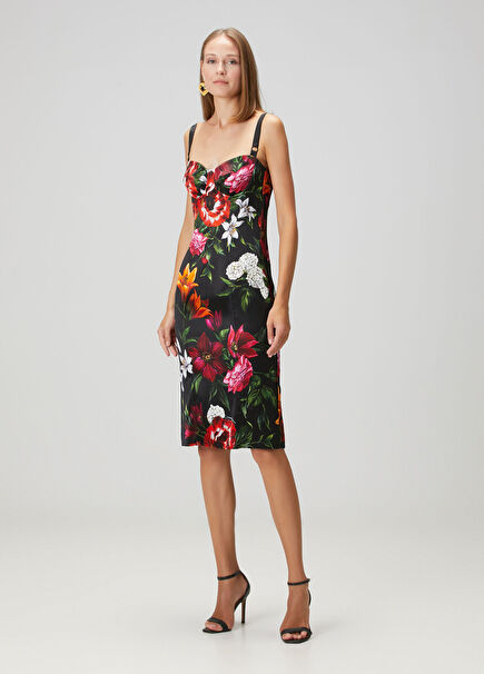 Black Floral Midi Satin Dress