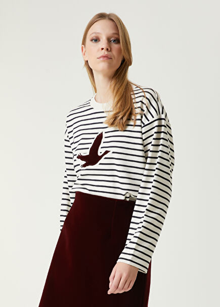 Ecru Navy Blue Striped Sweatshirt