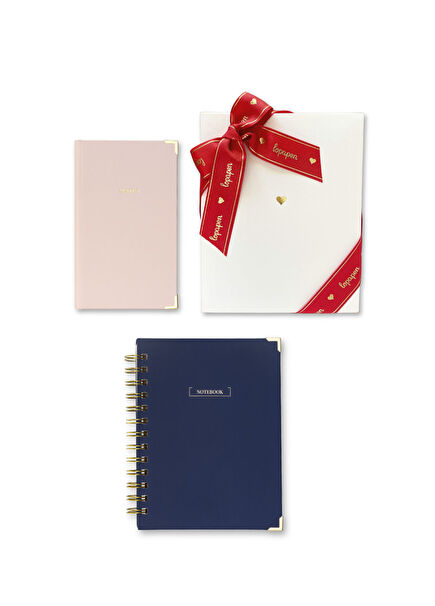 Spiral Navy Blue Striped Notebook and Powder Bound Agenda Gift Set