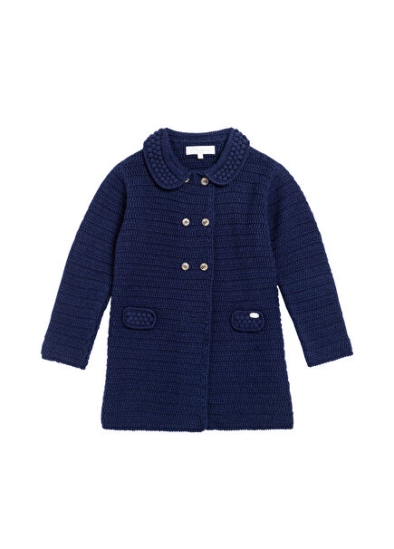 Navy Blue Wool Knitted Girls' Coat with Sailor Buttons