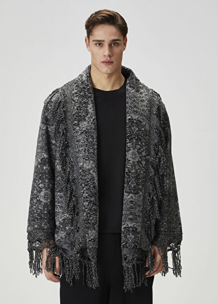 Black Ethnic Pattern Jacquard Fringed Poncho