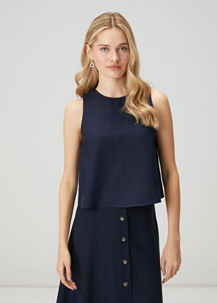 Lacivert Kolsuz Keten Bluz