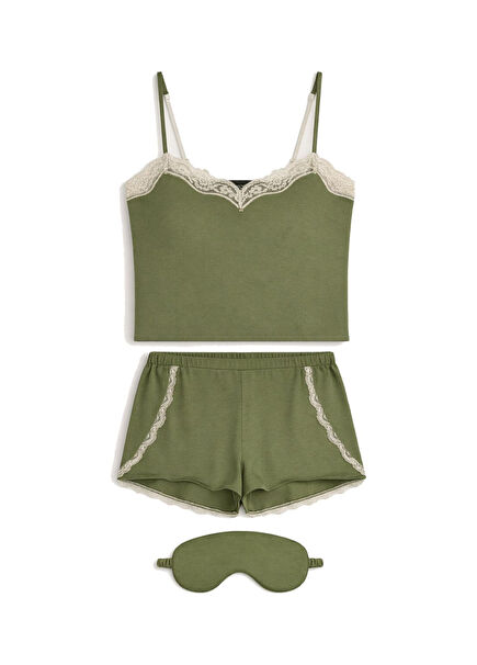 Alice Green Strappy Viscose Women's Pajama Set and Eye Mask