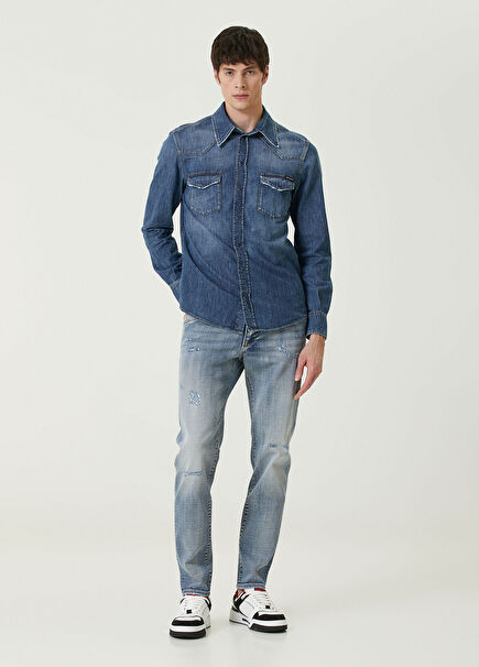 Mavi Yıpratma Detaylı Jean Pantolon