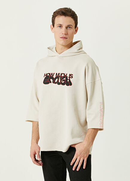 Enough Beige Half Sleeve Hooded Men's Sweatshirt
