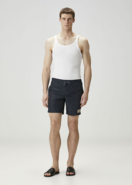 Lacivert Beli Kordonlu Çizgi Desenli Mayo