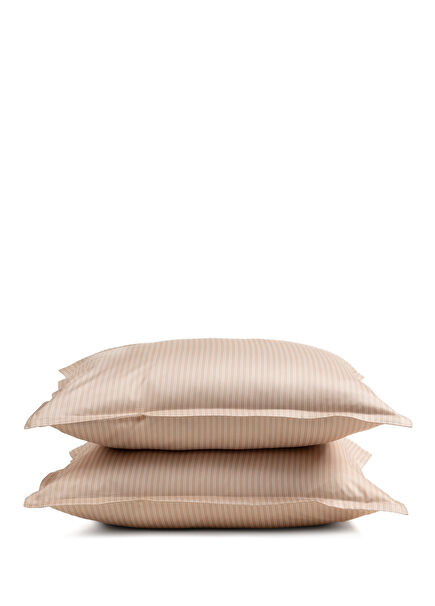 Solıd Kum Rengi Çizgili Pamuk Saten 2'li Yastık Kılıfı 50x70 cm