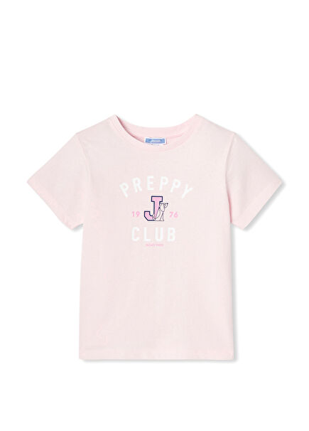 Baskılı Toz Pembe Kısa Kollu Kız Çocuk T-shirt