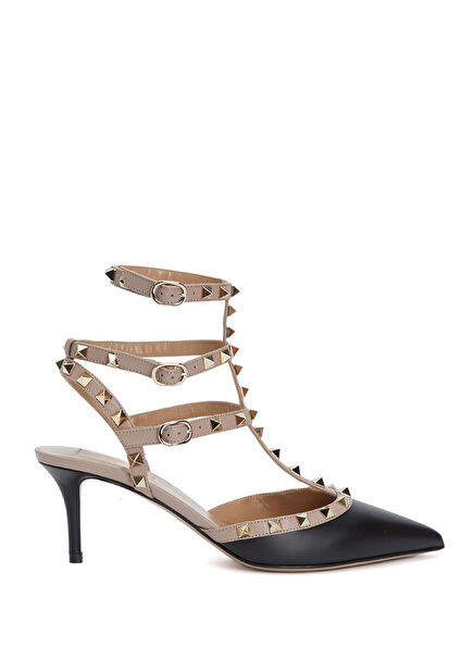 Rockstud Pudra Siyah Deri Topuklu Ayakkabı