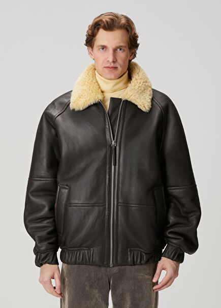 Kahverengi Yakası Shearling Detaylı Deri Ceket