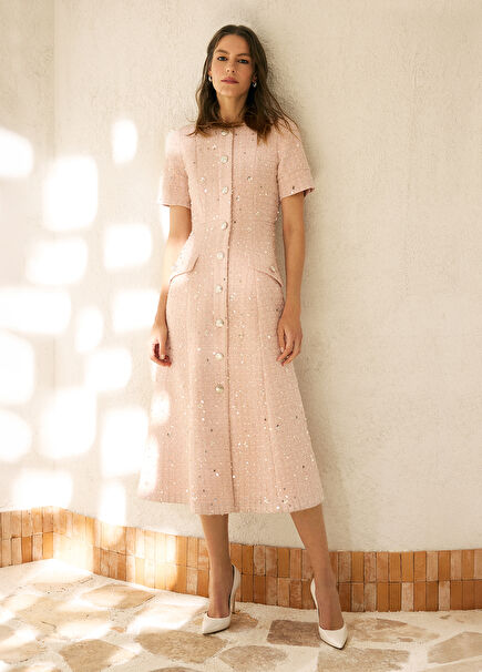 Pudra Payetli Midi Tweed Elbise