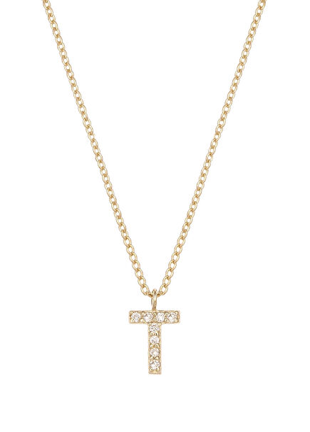 14K Gold Women's Necklace with T Letter Diamond Stone