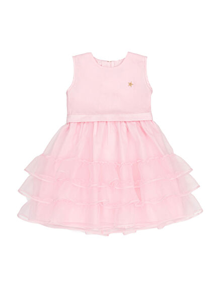 Pia Pembe Çiçek Aplikeli Fırfırlı Kız Çocuk Elbise