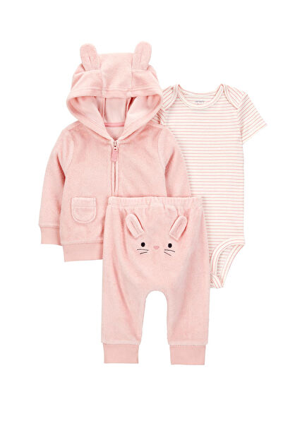 Pembe Kısa Kollu Body Hırka ve Pantolon Kız Bebek 3'lü Set