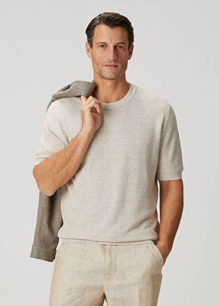 Bej Balıksırtı Dokulu Kısa Kollu Keten Triko