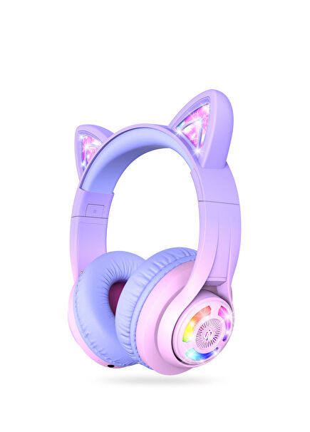 BTH13 Pembe Gradyan Kedi Kulaklı Unisex Çocuk Kulak Üstü Bluetooth Kulaklık