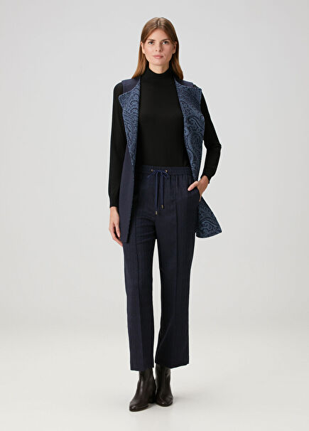 Koyu Mavi Jakarlı Yün Pantolon