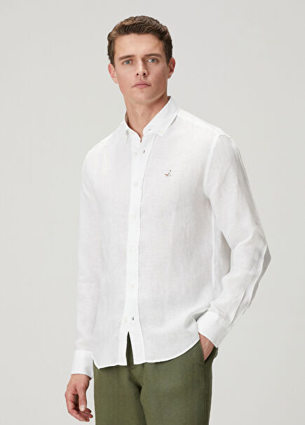 White Comfort Fit Linen Shirt